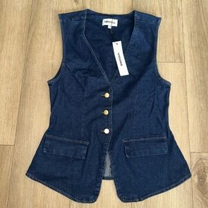 Vigoss Denim Vest Womens Medium Blue Jean Gold Button Front Faux Pocket NWT
